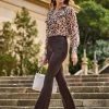 Chocolate Brown Faux Leather Button Front Kick Flare Trousers