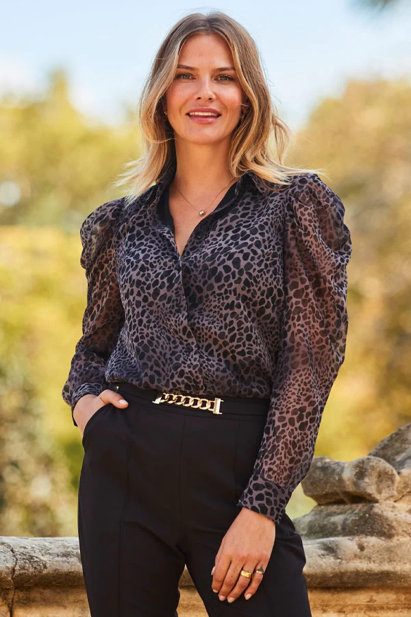 Grey Animal Print Puff Shoulder Sheer Sleeve Shirt 1 Grey Animal Print Puff Shoulder Sheer Sleeve Shirt