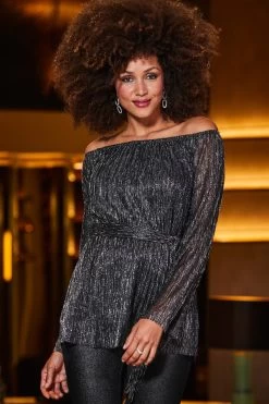 Pewter Metallic Plisse Bardot Belted Jersey Top -Trendora Shop web crop 2309 55 a23tj027mc0012 a23bd013mc0011 55 066