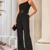 Black Asymmetric Chain Shoulder Belted Jumpsuit