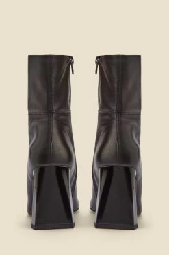 Nova Black Leather Square Toe Interest Heel Ankle Boot -Trendora Shop web heelboot c