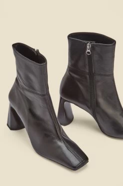 Nova Black Leather Square Toe Interest Heel Ankle Boot -Trendora Shop web heelboot d