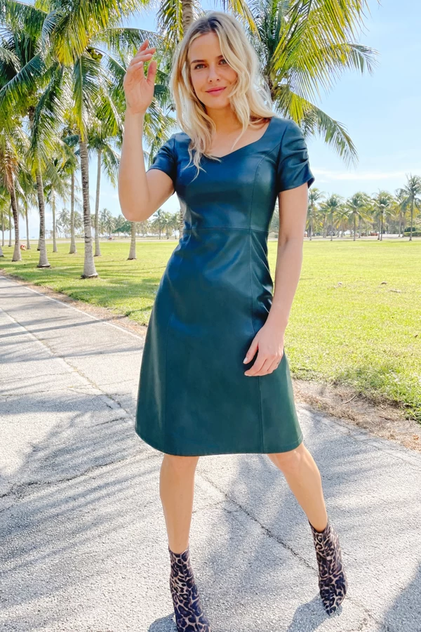 Emerald Green Leather Look Ruched Sleeve Detail Dress 1 Emerald Green Leather Look Ruched Sleeve Detail Dress