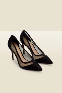 Maya Black Suede Stiletto Court Shoe With Mesh Detail