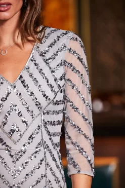 Grey & Silver Luxe Embellished Mesh Sleeve Dress -Trendora Shop web rt 105 a22dw024gunm01 125