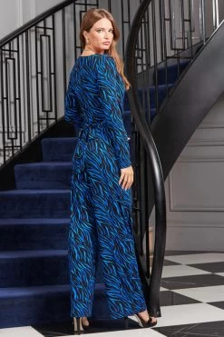 Blue Animal Print Wrap Front Wide Leg Jumpsuit With Pockets -Trendora Shop web rt 107 a20jj004blan01 099