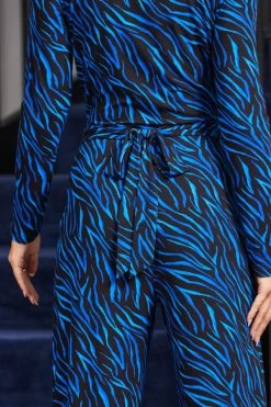 Blue Animal Print Wrap Front Wide Leg Jumpsuit With Pockets -Trendora Shop web rt 107 a20jj004blan01 108
