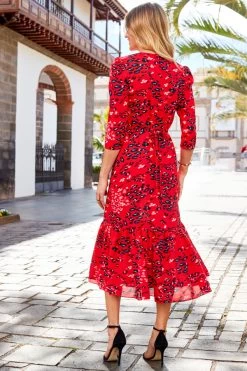 Red Animal Print Ruffle Hem Fit & Flare Midi Dress -Trendora Shop web rt 11 s23dw086rdan01 603