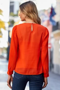 Orange Pleat Sleeve Tunic Top -Trendora Shop web rt 12 s23tw063cr0001 s23bd014io003w 040