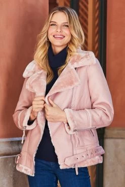 Soft Pink Faux Shearling Biker Jacket