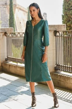 Emerald Green Zip Front Faux Leather Midi Dress -Trendora Shop web rt 27 ss19or01bk0001 006