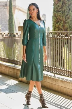 Emerald Green Zip Front Faux Leather Midi Dress