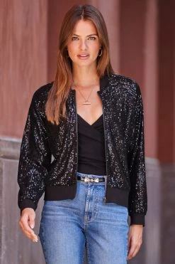 Black Sequin Bomber Jacket -Trendora Shop web rt 91 s22ow023bk0001 119