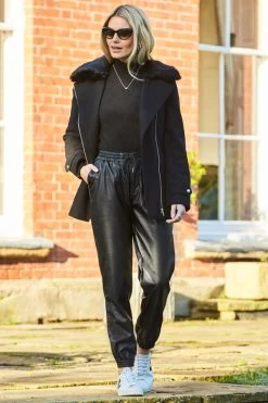 Black Leather Look Stretch Waist Joggers -Trendora Shop web s12 s21bp007bk 012