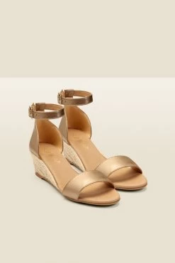 Ines Gold Leather Low Heel Wedge Espadrille