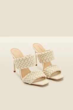 Valentina Ecru Leather Woven Double Strap Square Toe Mule