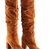Cognac Brown Suede Pull On Knee High Boot