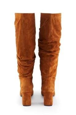 Cognac Brown Suede Pull On Knee High Boot -Trendora Shop web sa18fw10 cognac suede pull on boot 03