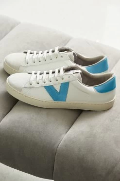 Victoria Turquoise V Detail Leather Trainers -Trendora Shop web shoes 078 blue rt
